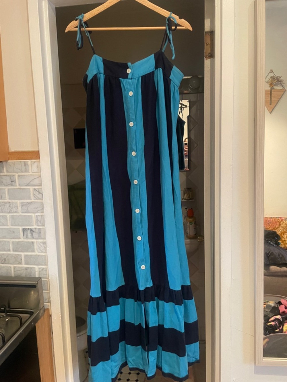 Spaghetti-Tie Two-Tone Navy and Aqua Maxi Skirt